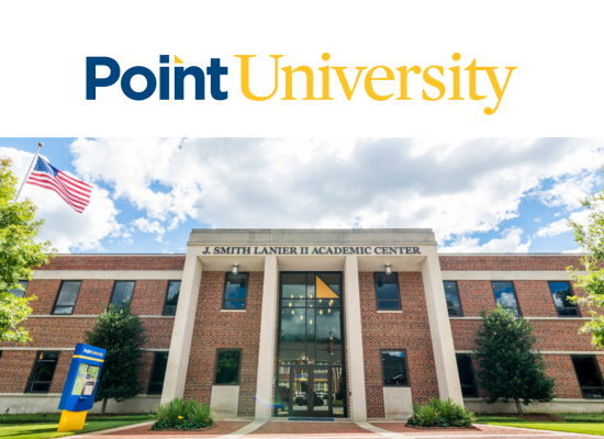 Point University logo and entrance of J. Smith Lanier II Academic Center on campus