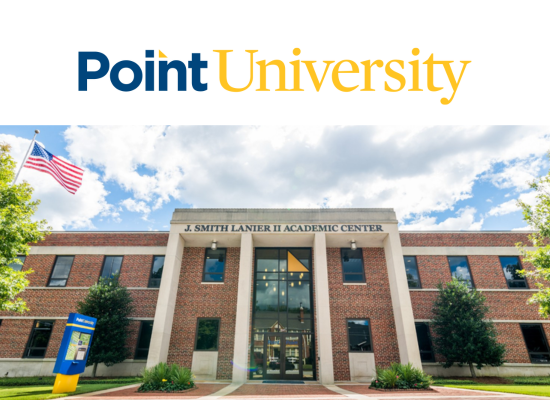 Point University logo and front of academic center building